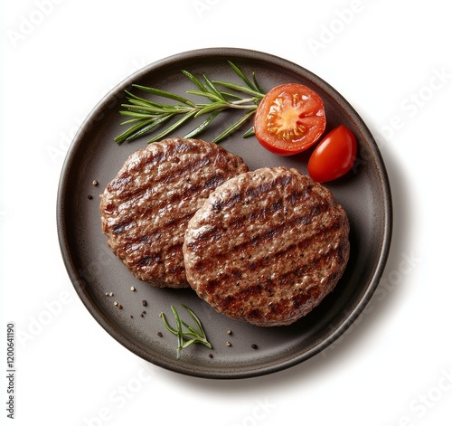 Two grilled beef patties on a plate with rosemary and tomatoes.