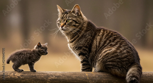 Adorable Tabby Cat and Kitten on Log Wildlife Pets Mammals