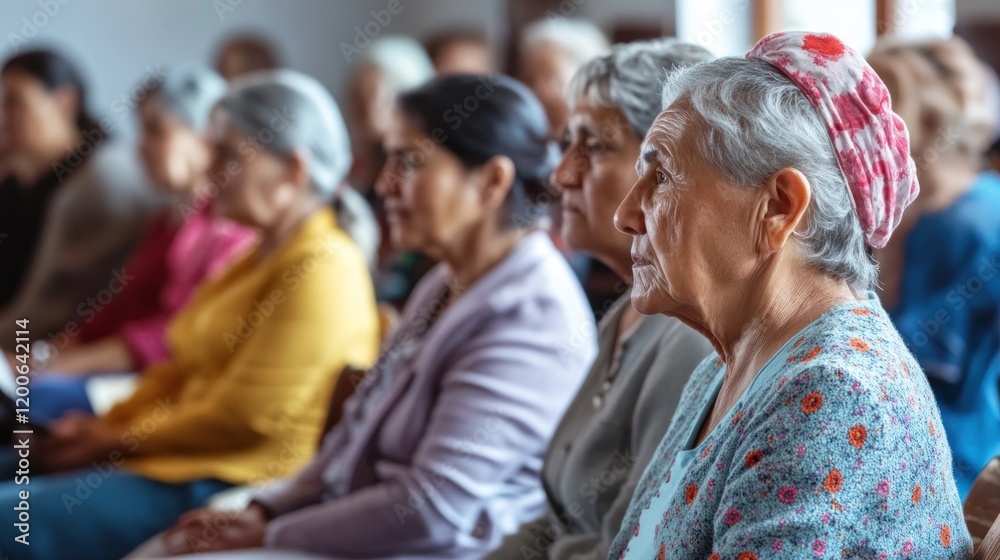 Fototapeta premium A diverse group of women listens intently to a speaker at a community empowerment event