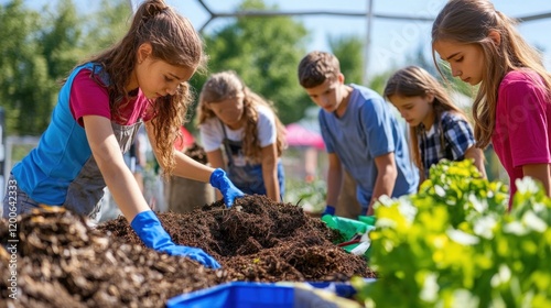 Young volunteers work together, planting seeds and enriching soil in a vibrant garden setting photo