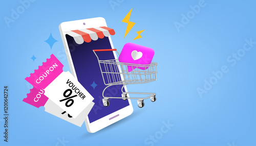 Smartphone displaying shopping cart with discount coupons and flash sale lightning. Concept of mobile e-commerce promotion, digital voucher code strategy, and special online store offer success.
