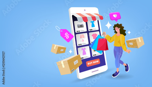 Vector of a cart with shopping bags, E-commerce advertising illustration. fast online delivery service. marketing and digital marketing. 