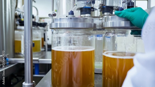 An industrial biotechnologist optimizing microbial fermentation for enzyme production in a bioprocessing facility, with fermenters and enzyme assays visible, Microbial fermentation optimization scene
