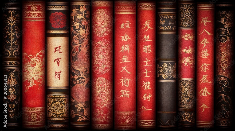 Naklejka premium Ancient Chinese Bookshelf Red Gold Ornate Volumes