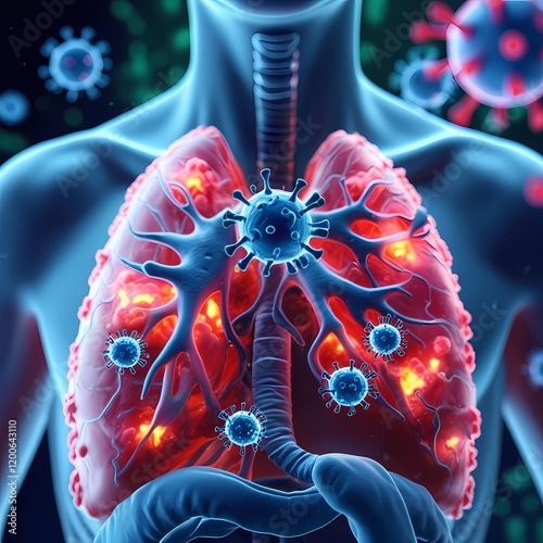  A Scientific 3D View of Inflamed Lung Tissue Because of a virus respiratory infection