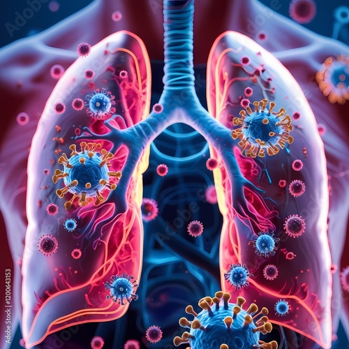  A Scientific 3D View of Inflamed Lung Tissue Because of a virus respiratory infection