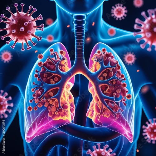 A Scientific 3D View of Inflamed Lung Tissue Because of a virus respiratory infection