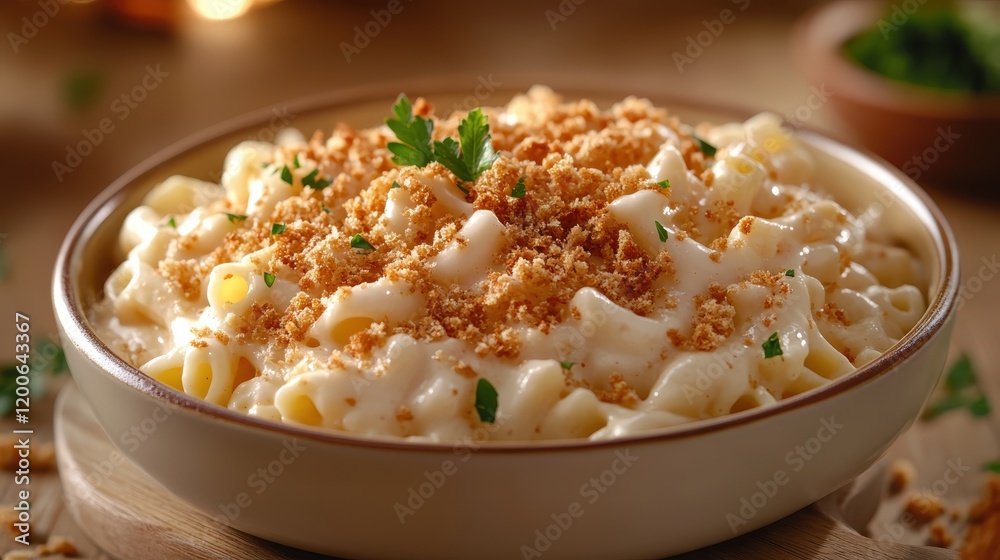 A bowl of macaroni and cheese with breadcrumbs on top A bowl of macaroni and cheese with breadcrumbs on top