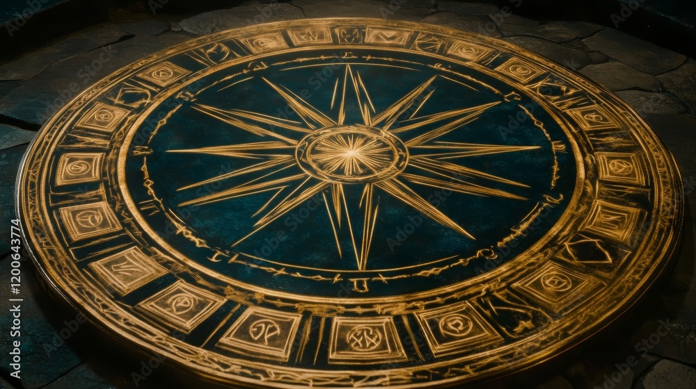 Fototapeta premium Ancient Circular Rune Stone Carving, Mystical Symbolism