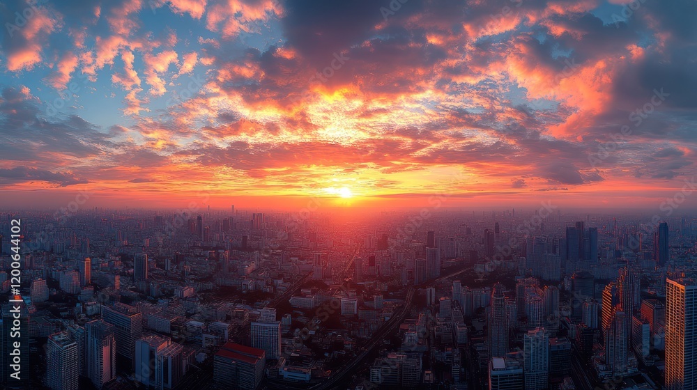 Fototapeta premium Cityscape sunset panorama, fiery clouds, urban landscape, aerial view
