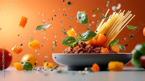 Dynamic Burst of Fresh Ingredients with Pasta Against a Vibrant Background photo