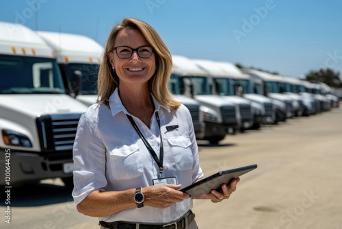 Woman stands confidently with a tablet, managing a large truck fleet under clear skies
