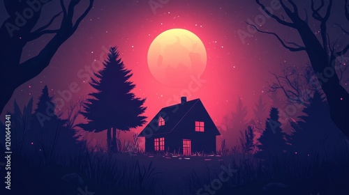 A Cabin in the Woods Underneath a Crimson Moon