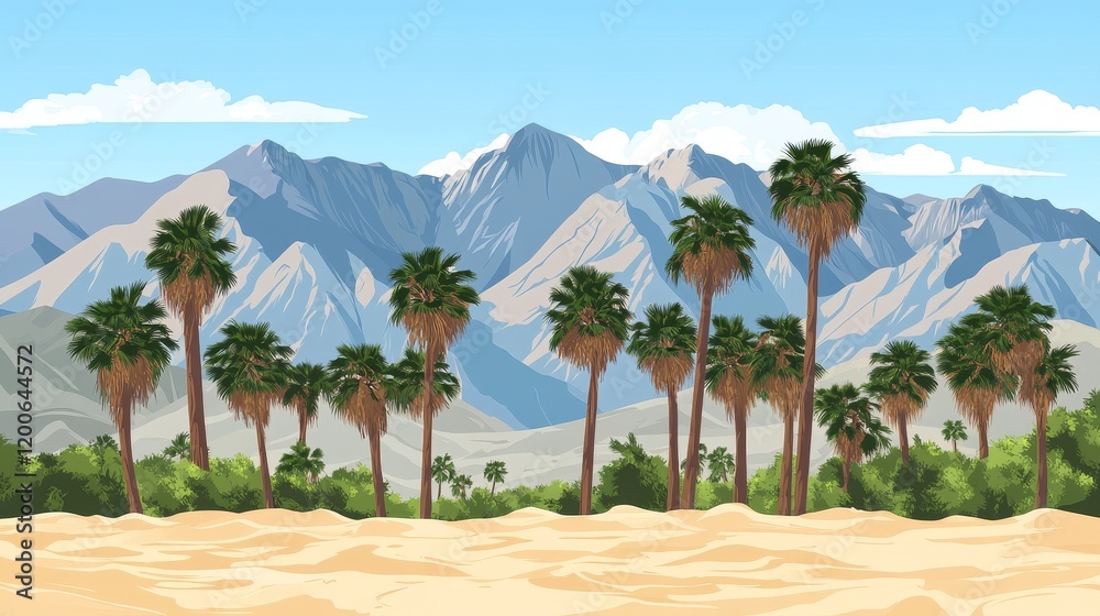 Palm trees and majestic mountains under a vibrant sky Palm trees and majestic mountains under a vibrant sky