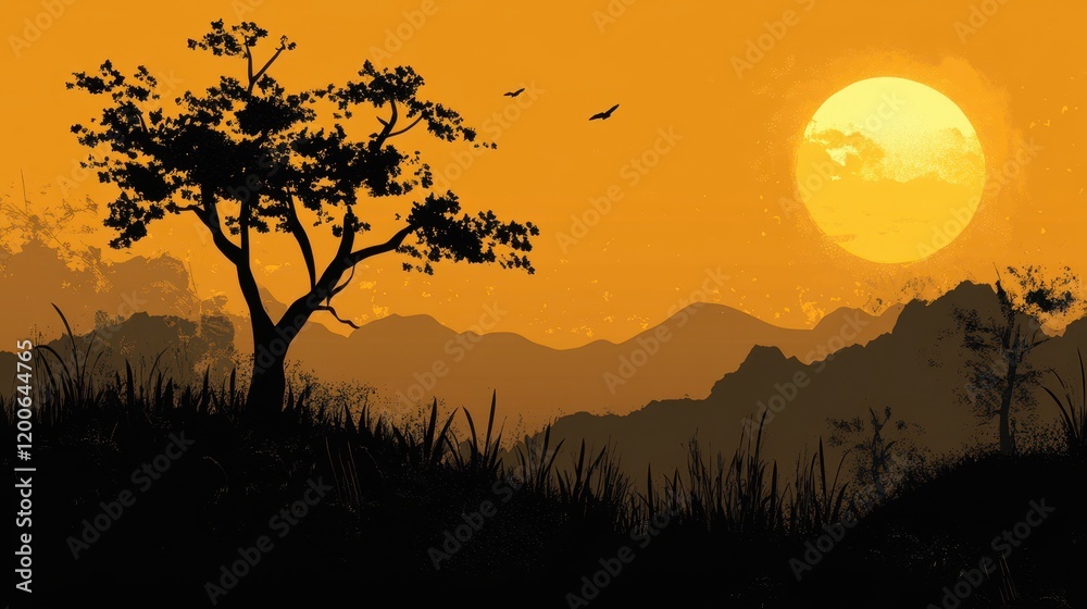 Silhouetted Tree and Mountains at Sunset Silhouetted Tree and Mountains at Sunset