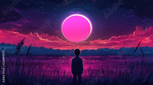 Boy Gazes at a Pink Moon and Sunset Sky