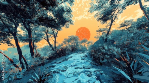 Serene Sunset Path Through a Blue Forest Landscape