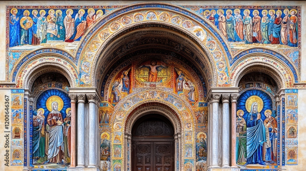 Fototapeta premium Cathedral mosaic facade, religious art, Italy, historical architecture, tourism