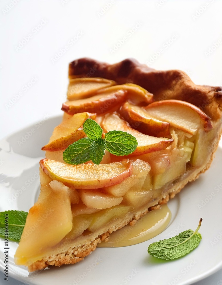 A slice of delicious apple pie, garnished with mint. A slice of delicious apple pie, garnished with mint.