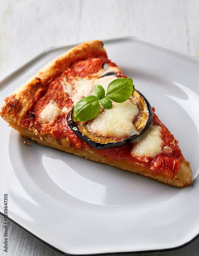 A slice of pizza with eggplant and mozzarella. A slice of pizza with eggplant and mozzarella.
