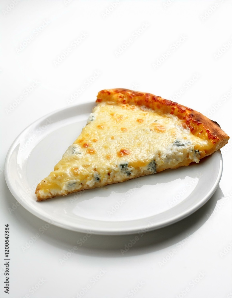 A slice of cheesy pizza on a white plate. A slice of cheesy pizza on a white plate.