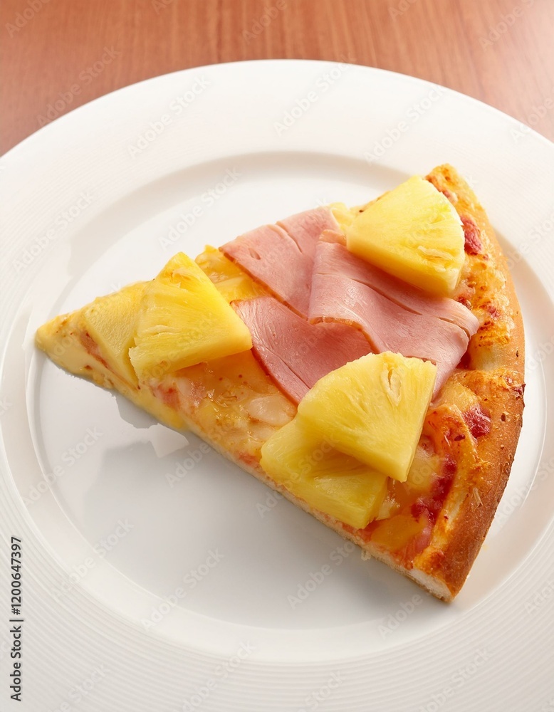 A slice of pizza with ham and pineapple. A slice of pizza with ham and pineapple.