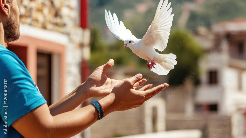 Obraz premium A man joyfully releases a white dove, symbolizing peace, into the clear blue sky in a village