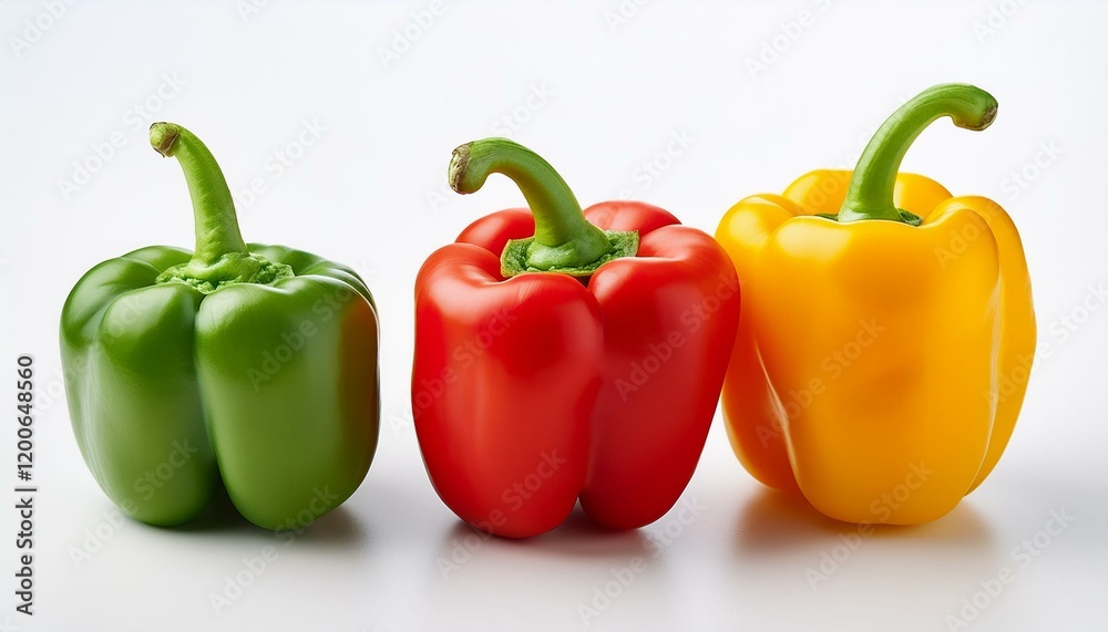 Three bell peppers in vibrant green, red, and yellow. Three bell peppers in vibrant green, red, and yellow.