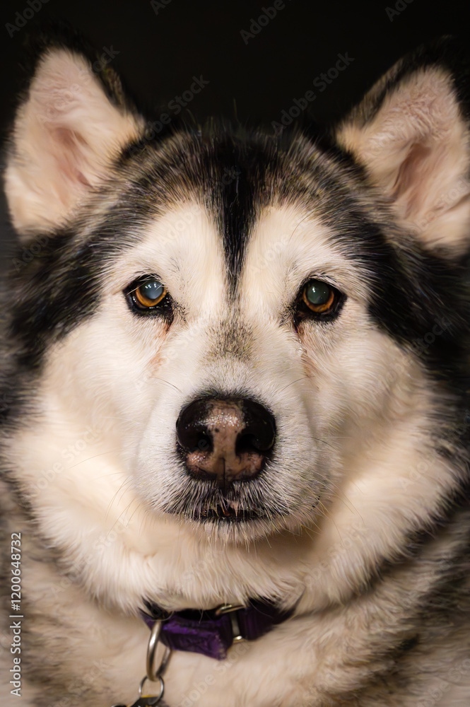Obraz premium Portrait of an Alaskan Malamute dog on dark background