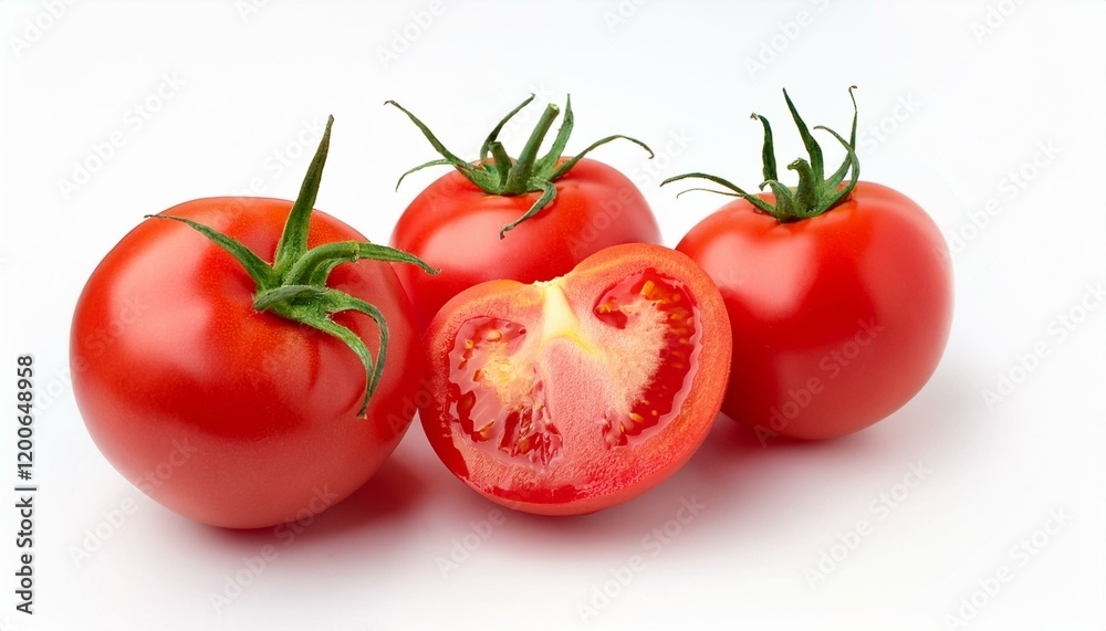 Three ripe red tomatoes, one sliced open, on a white background. Three ripe red tomatoes, one sliced open, on a white background.