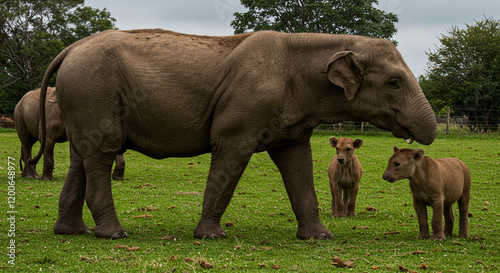 Elephant and Two Calves in Lush Green Pasture