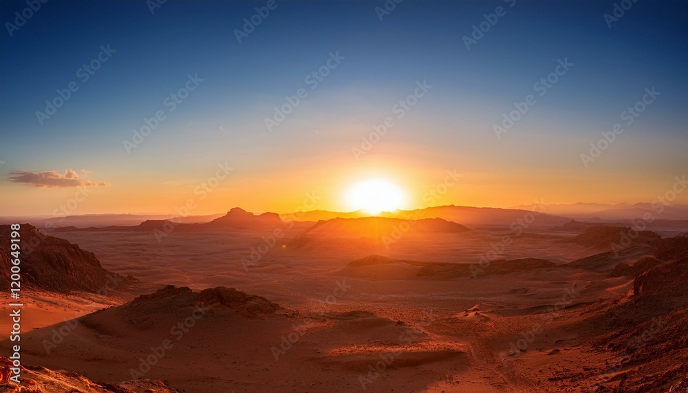 Naklejka premium Desert sunset with warm colors and rocky landscape.