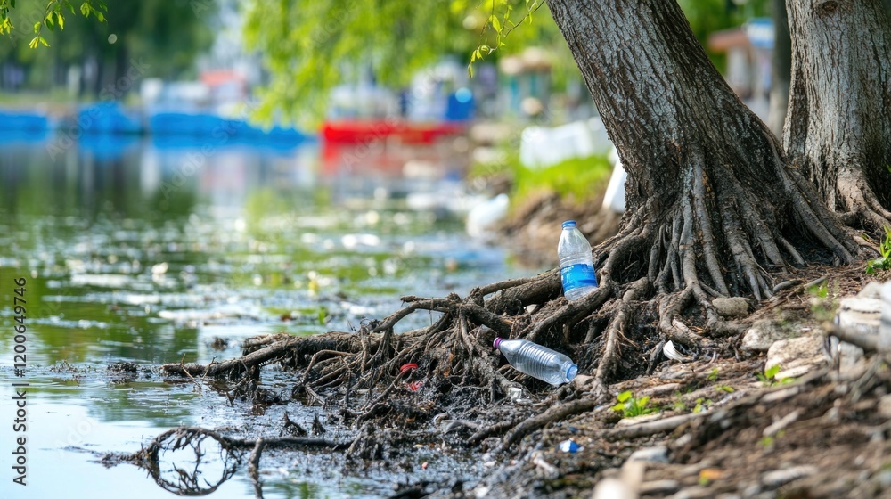 Plastic bottles litter the riverbank, partially submerged in muddy water near lush trees Plastic bottles litter the riverbank, partially submerged in muddy water near lush trees