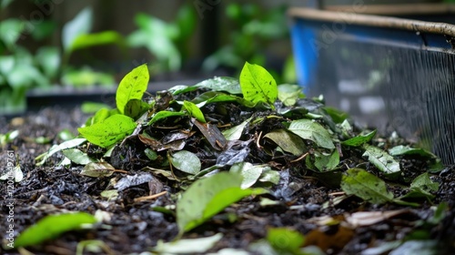 Pile of decomposing leaves and plant material enriching garden soil in a lush green area photo