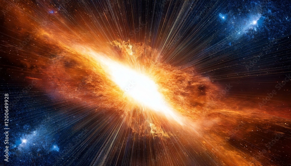 Fototapeta premium A cosmic explosion, fiery and bright, illuminates the vast, dark expanse of space.