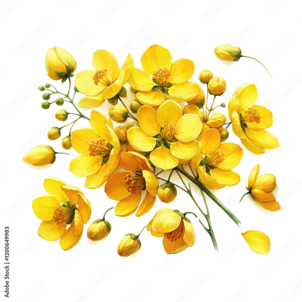 Fototapeta premium A vibrant bouquet of yellow flowers with delicate petals and green stems, showcasing their lively color and natural beauty.