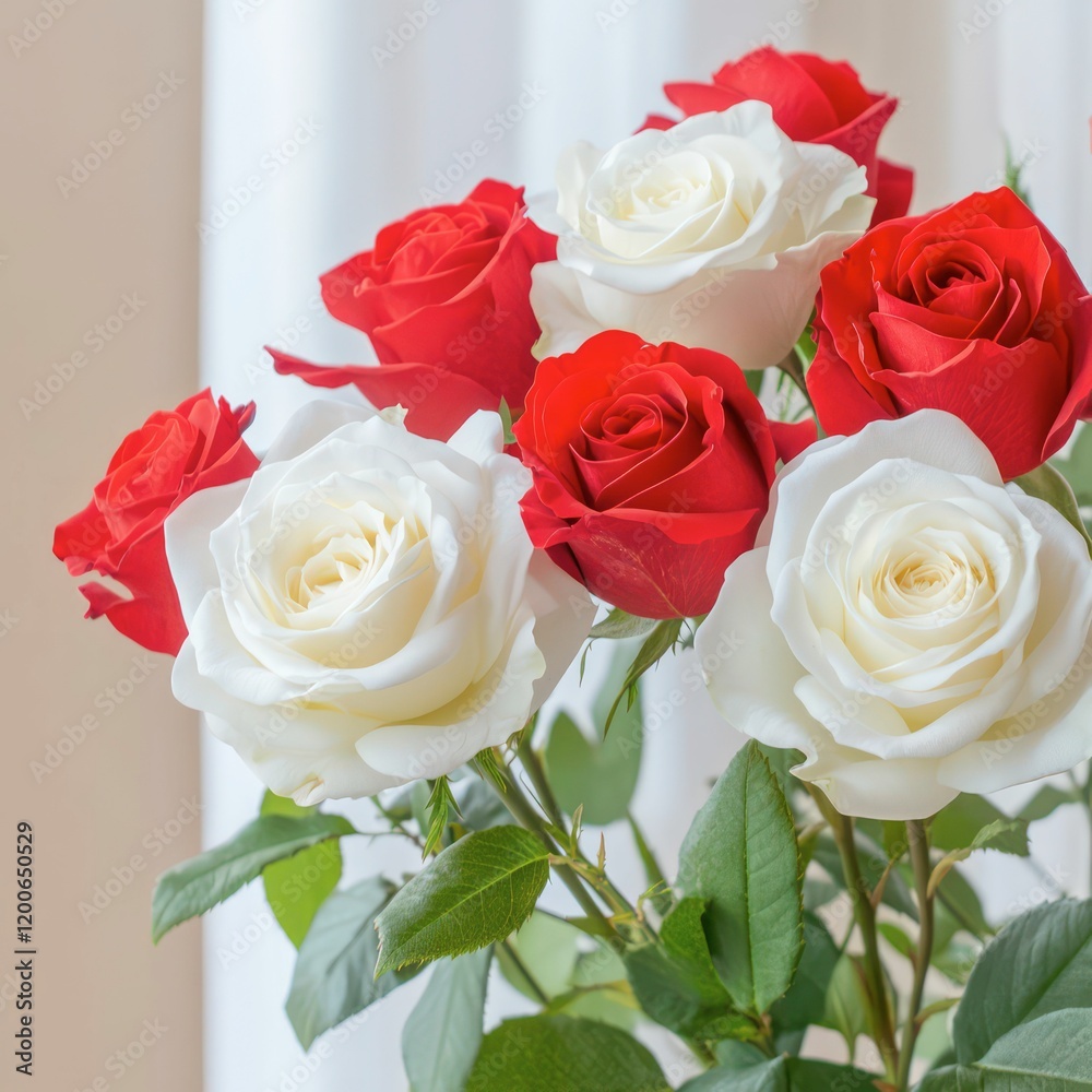 A bouquet of red and white roses, beautifully arranged with lush green leaves, bathed in soft natural lighting that enhances their vibrant colors and delicate details. A bouquet of red and white roses, beautifully arranged with lush green leaves, bathed in soft natural lighting that enhances their vibrant colors and delicate details.