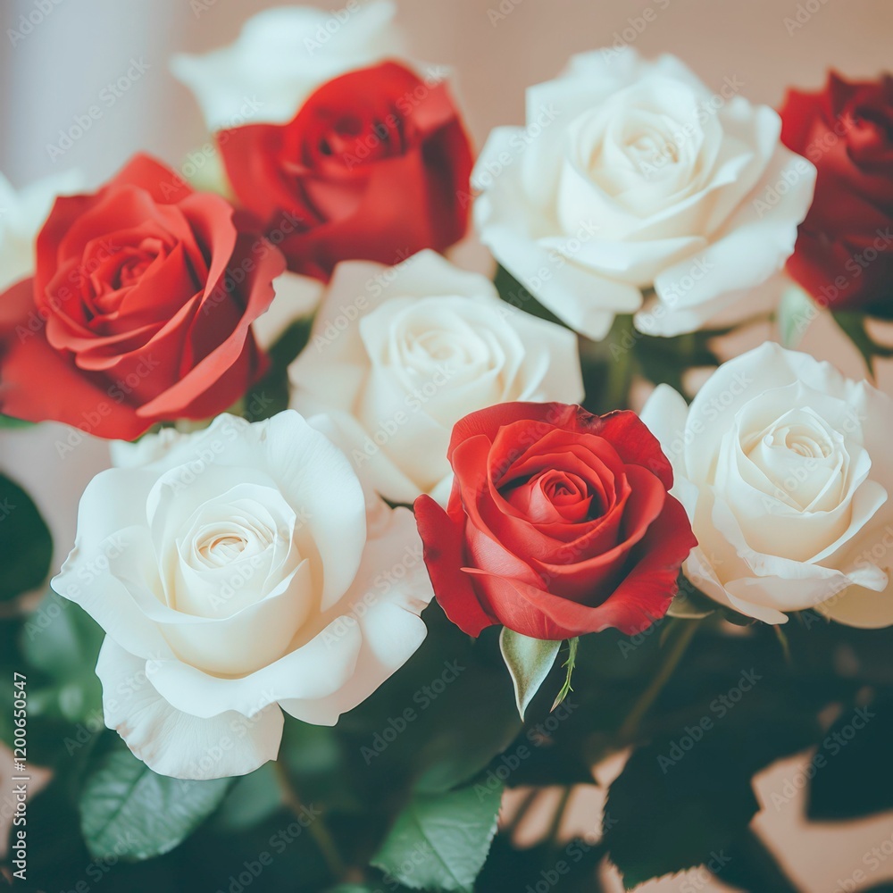 A bouquet of red and white roses, beautifully arranged with lush green leaves, bathed in soft natural lighting that enhances their vibrant colors and delicate details. A bouquet of red and white roses, beautifully arranged with lush green leaves, bathed in soft natural lighting that enhances their vibrant colors and delicate details.