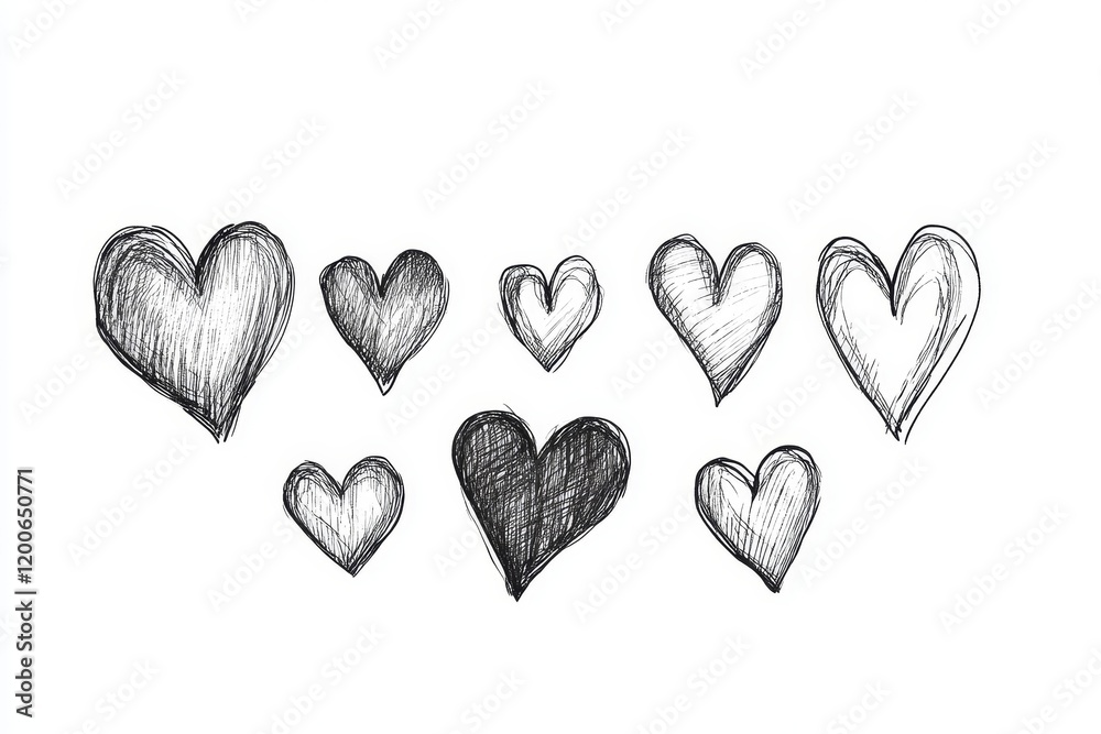 Hand-drawn sketch of various sized hearts. Hand-drawn sketch of various sized hearts.