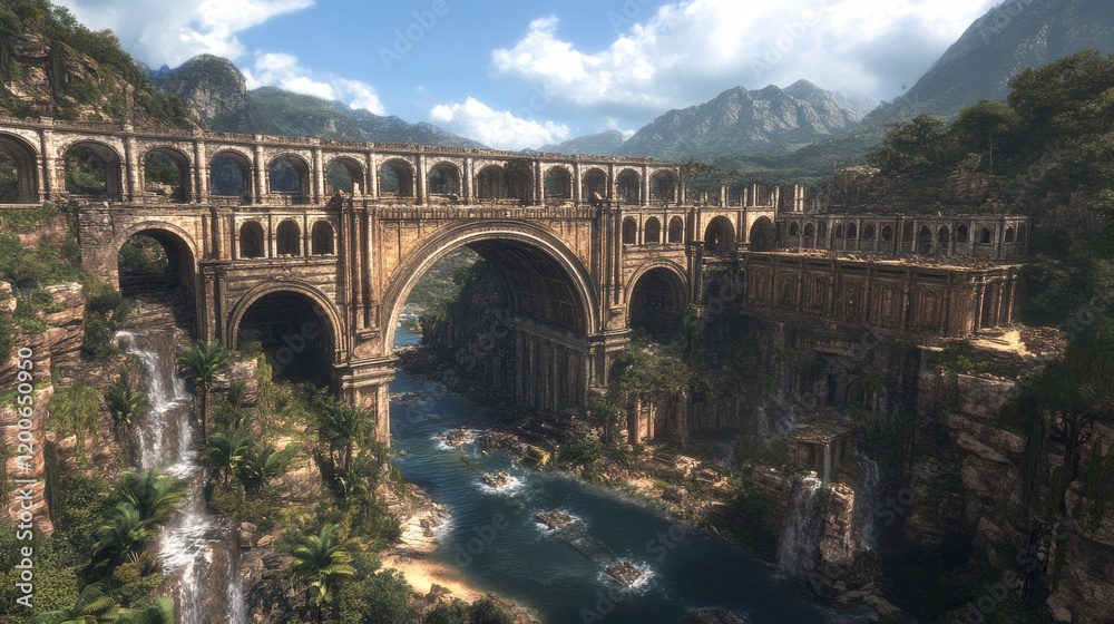 Fototapeta premium Ancient Stone Bridge Over Lush River Gorge