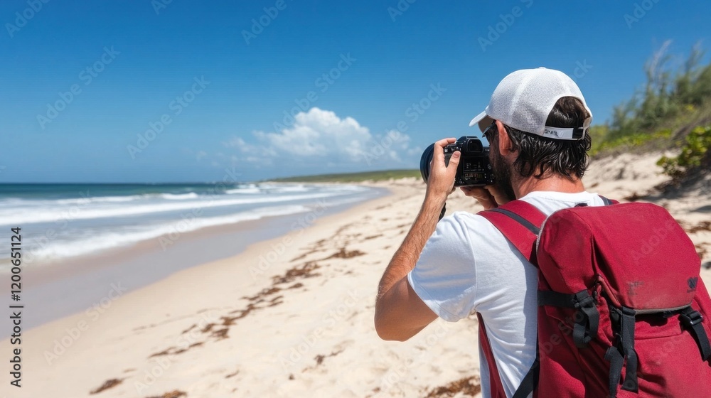 Obraz premium A person with a backpack takes pictures of waves on a sandy beach under a clear blue sky