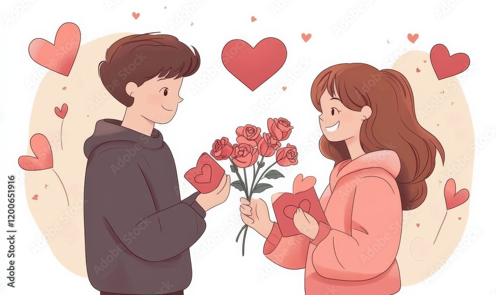 Young men and women holding flowers, Valentine's Day greeting card background