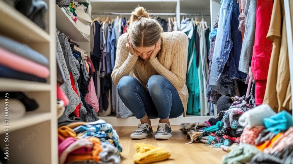 Obraz premium A woman sits on the floor of a cluttered closet, feeling overwhelmed by her clothes and belongings