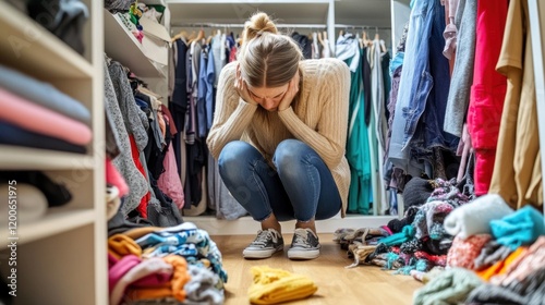 A woman sits on the floor of a cluttered closet, feeling overwhelmed by her clothes and belongings
