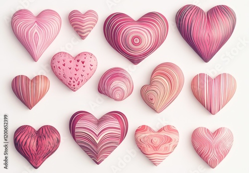 Collection of pink hearts with various patterns.