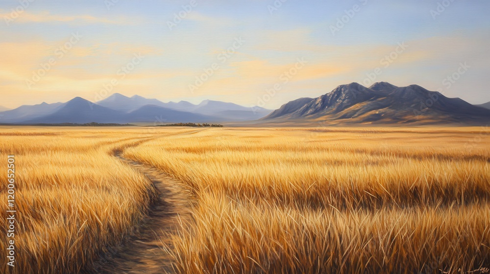 gentle breeze moving through the prairie grasses, creating ripples across the golden field as distant mountains loom in the background, completing this peaceful scene. gentle breeze moving through the prairie grasses, creating ripples across the golden field as distant mountains loom in the background, completing this peaceful scene.