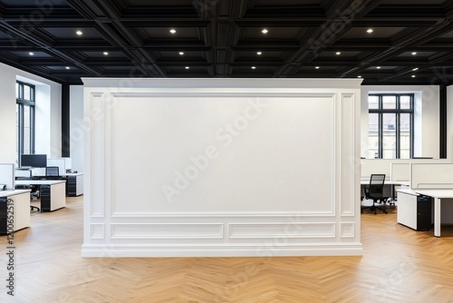 White office space with wooden features and natural light.