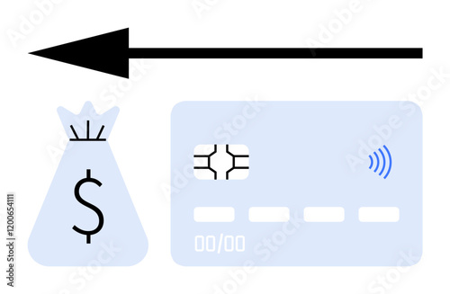 Arrow points from cash bag to credit card symbolizing money transfer, payments, or digital transactions. Ideal for finance, banking, digital payments, investment, e-commerce, savings abstract line