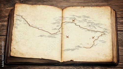 Ancient Treasure Map Book Open on Wooden Table