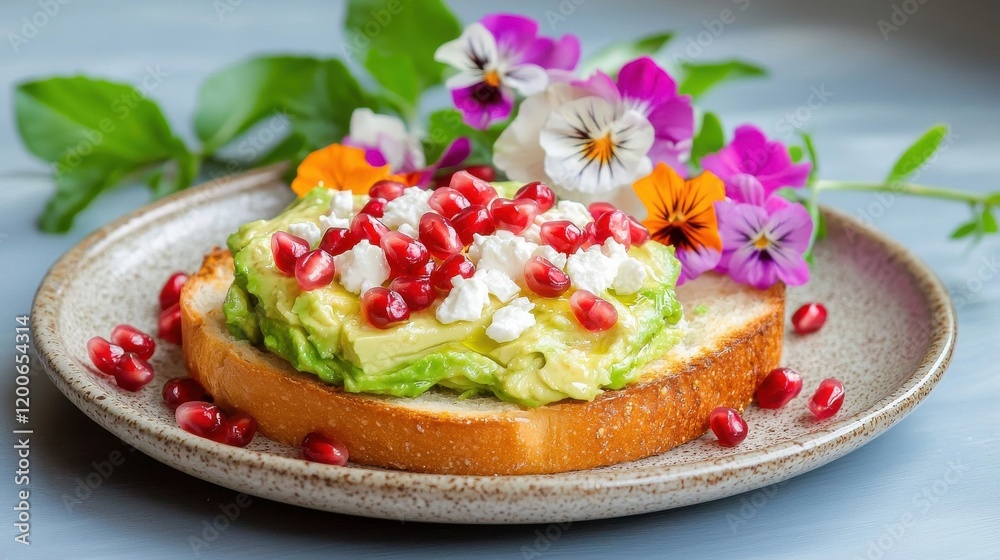 Breakfast and brunch trends. Vibrant avocado toast topped with pomegranate seeds and edible flowers. Breakfast and brunch trends. Vibrant avocado toast topped with pomegranate seeds and edible flowers.